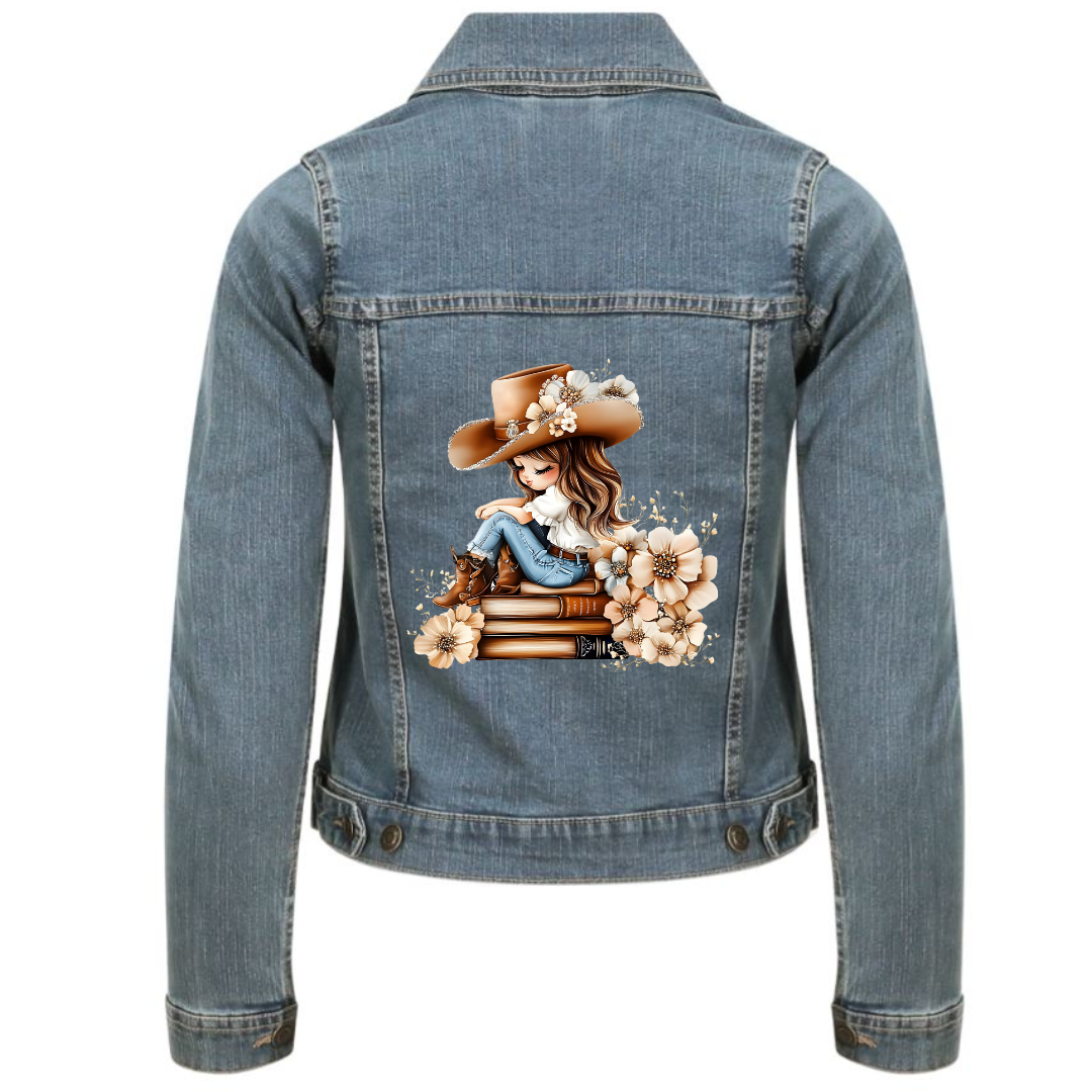 "Floral Bookish Cowgirl" Classic Stretch Denim Jacket