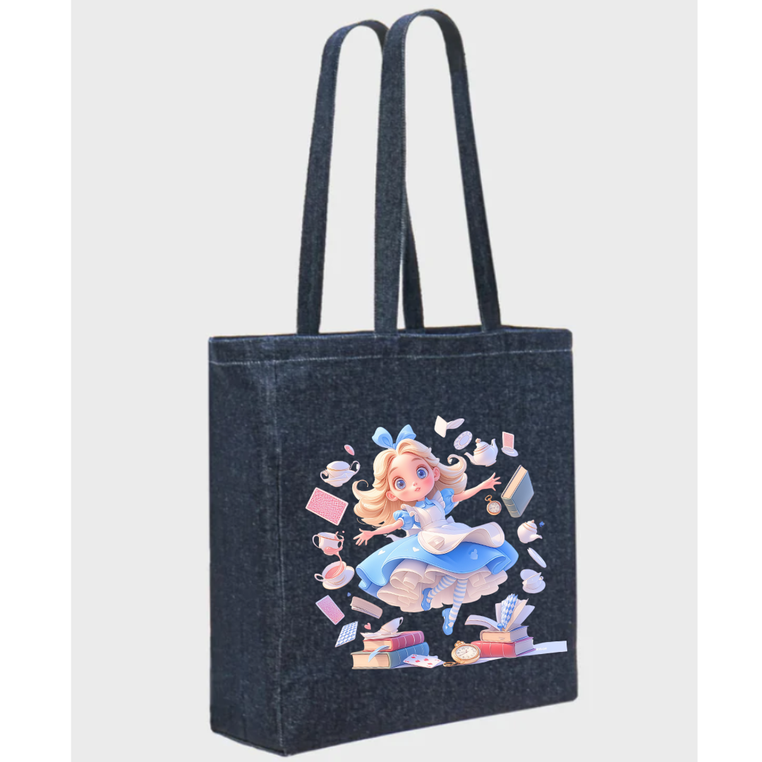Alice with Flying Books Deluxe Denim Bag