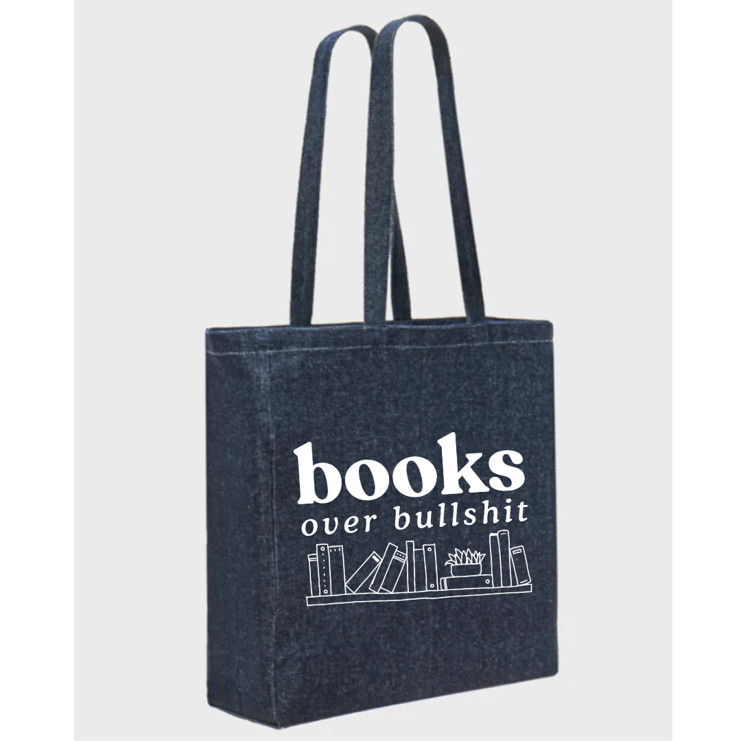 "Books Over Bullshit" Bookshelf Deluxe Denim Bag