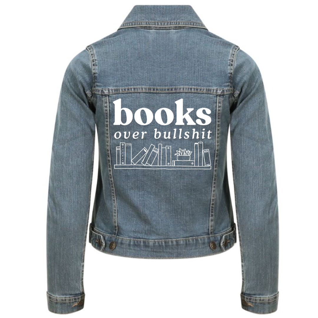 "Books Over Bullshit" Bookshelf Classic Stretch Denim Jacket