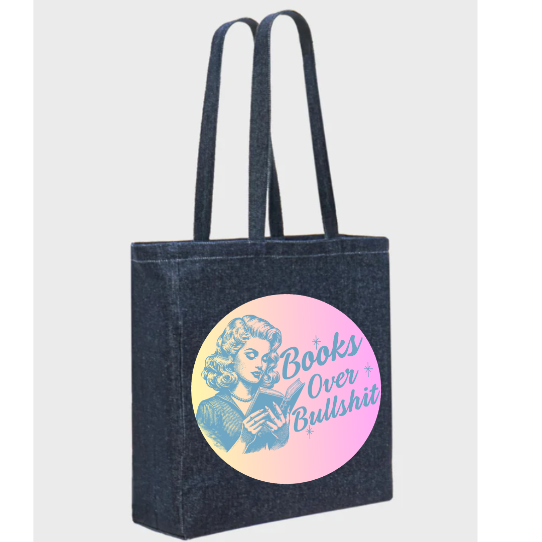 "Books Over Bullshit" Retro Lady Deluxe Denim Bag