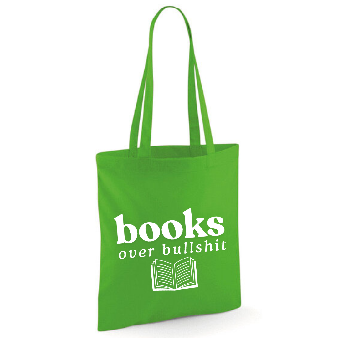 "Books over Bullshit" Open Book Cotton Tote Shopper - lots of colours