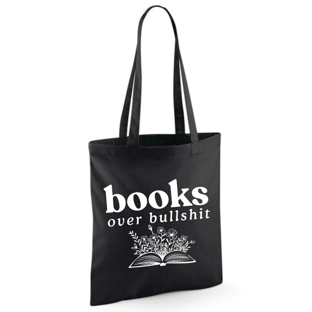"Books over Bullshit" Floral Book Cotton Tote Shopper - lots of colours