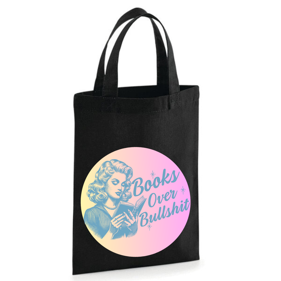 "Books Over Bullshit" Retro Woman Book Gift Bag (3 Colours)