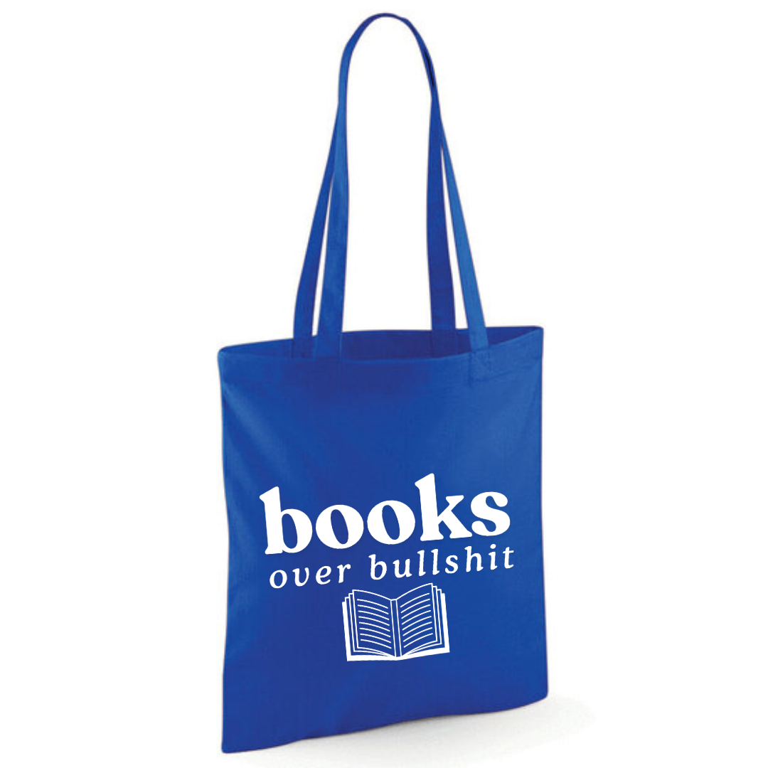 "Books over Bullshit" Open Book Cotton Tote Shopper - lots of colours