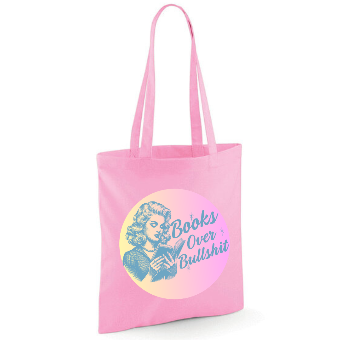 "Books Over Bullshit" Retro Woman Cotton Tote Shopper - Lots of Colours