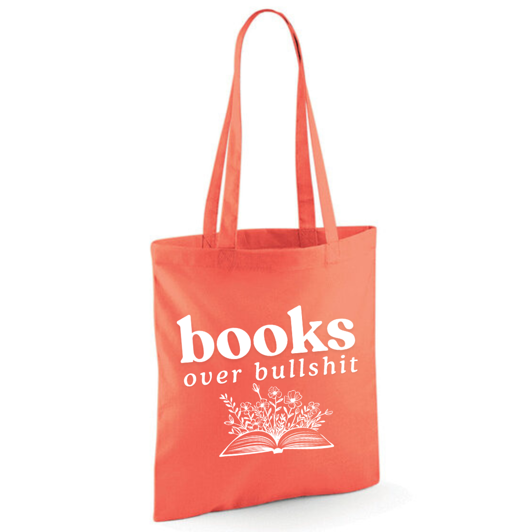 "Books over Bullshit" Floral Book Cotton Tote Shopper - lots of colours