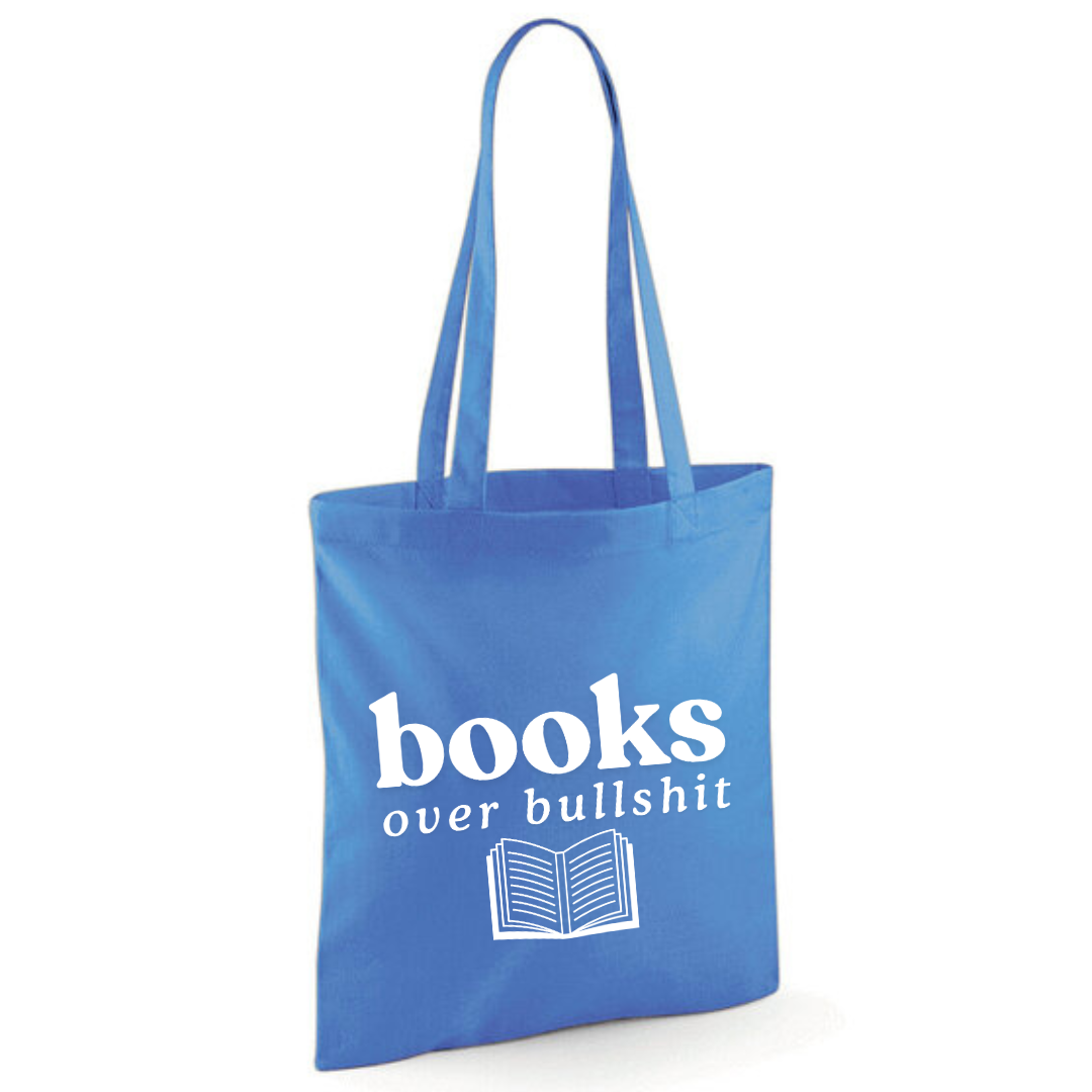 "Books over Bullshit" Open Book Cotton Tote Shopper - lots of colours