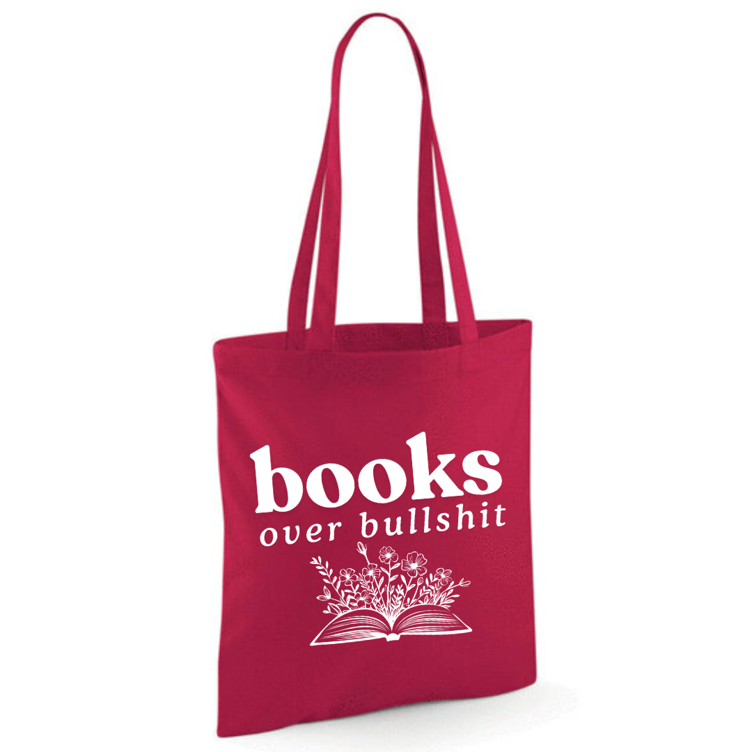 "Books over Bullshit" Floral Book Cotton Tote Shopper - lots of colours