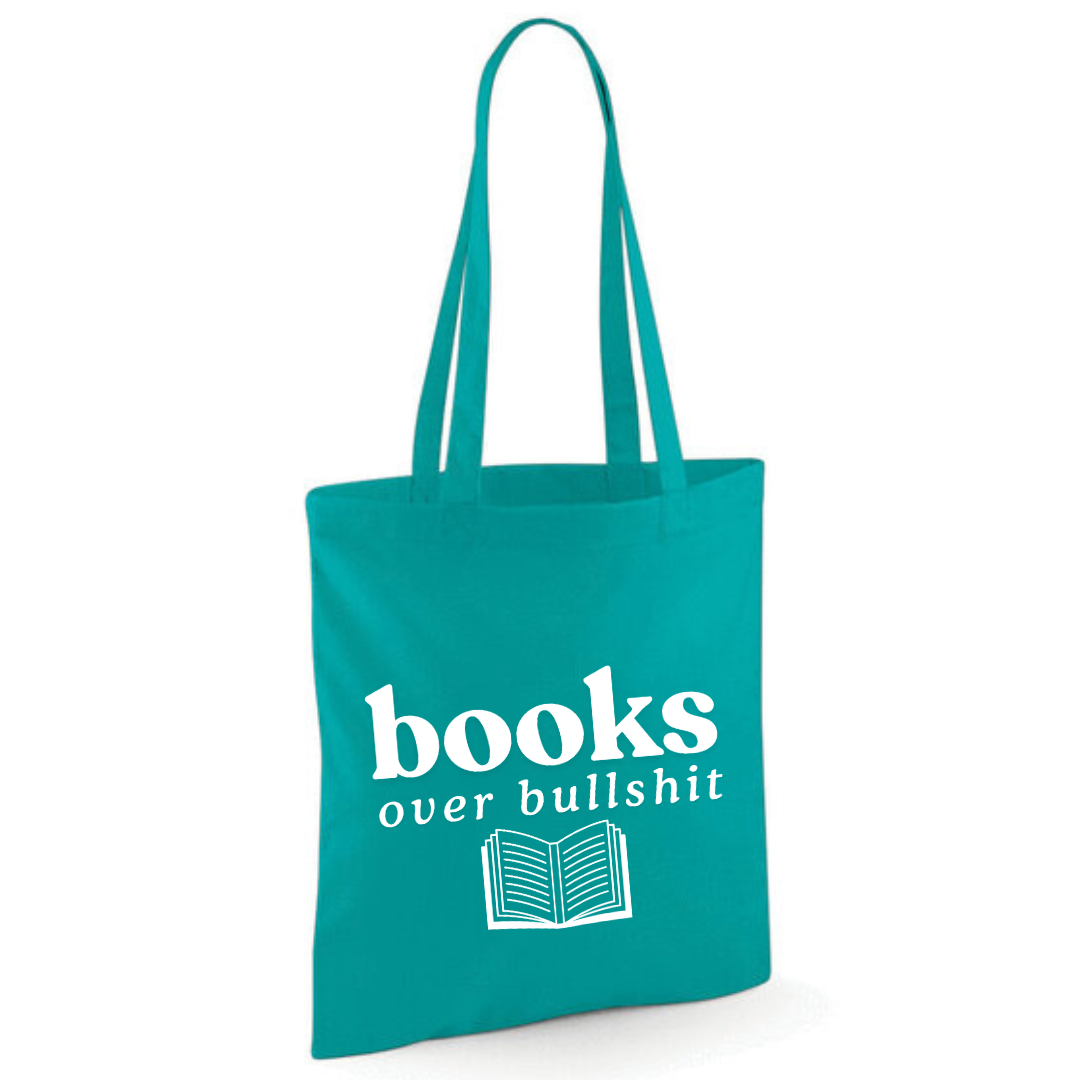 "Books over Bullshit" Open Book Cotton Tote Shopper - lots of colours