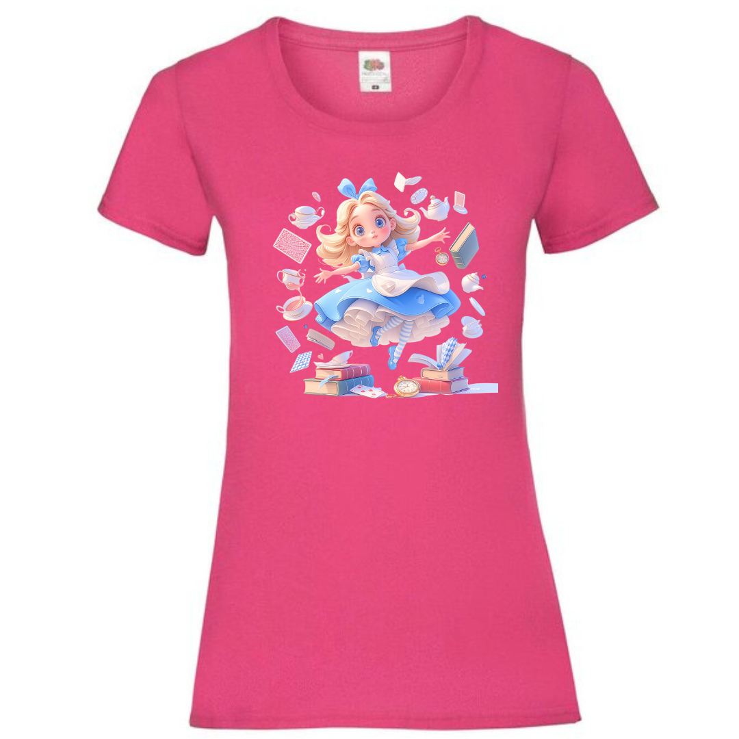 Alice with Flying Books Ladies Fit Tee - lots of colours