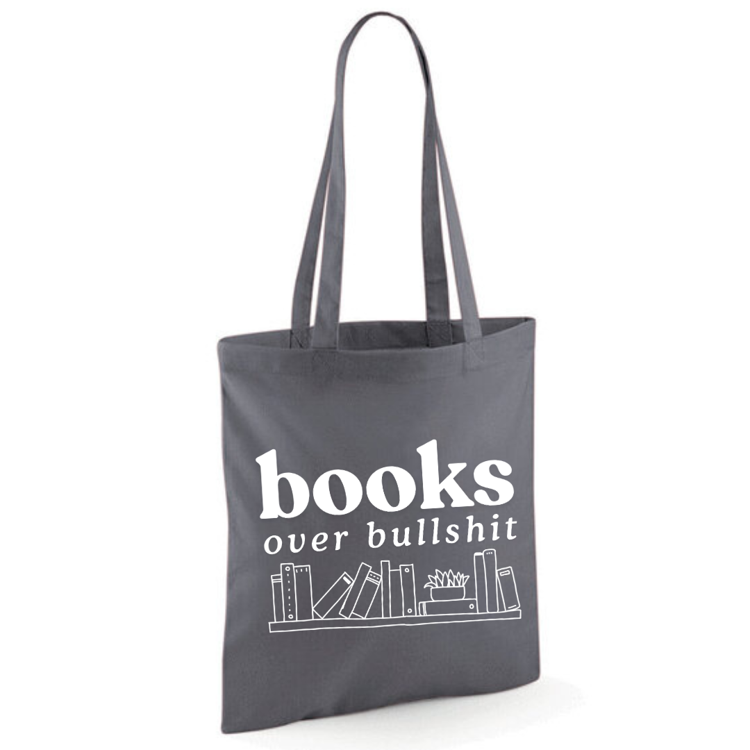 "Books Over Bullshit" Bookshelf Tote Shopper Bag - lots of colours!