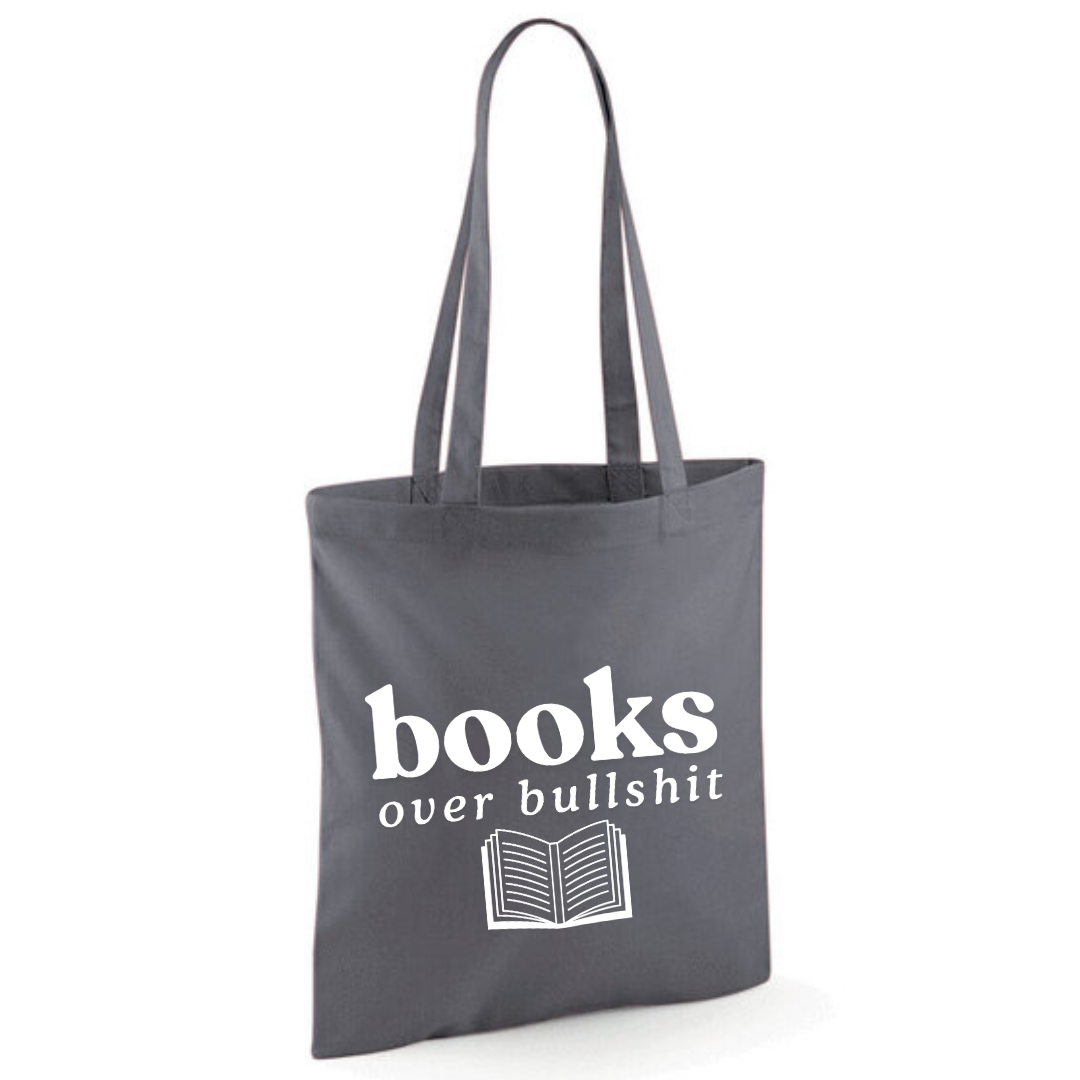 "Books over Bullshit" Open Book Cotton Tote Shopper - lots of colours
