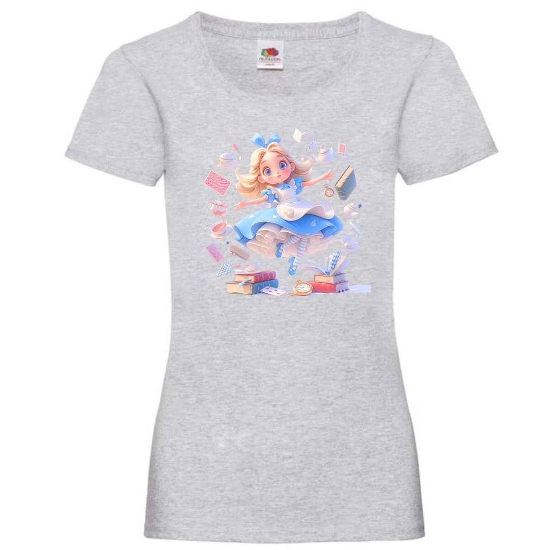 Alice with Flying Books Ladies Fit Tee - lots of colours