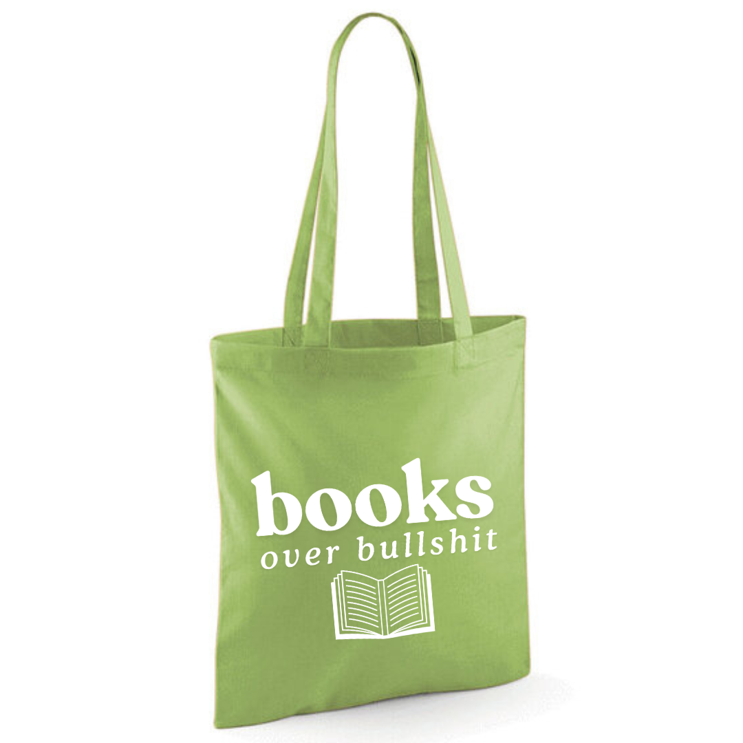 "Books over Bullshit" Open Book Cotton Tote Shopper - lots of colours