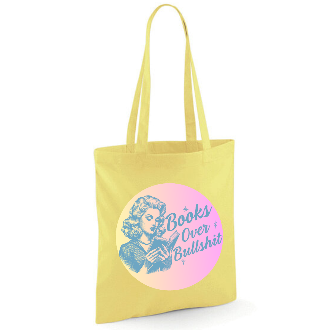 "Books Over Bullshit" Retro Woman Cotton Tote Shopper - Lots of Colours