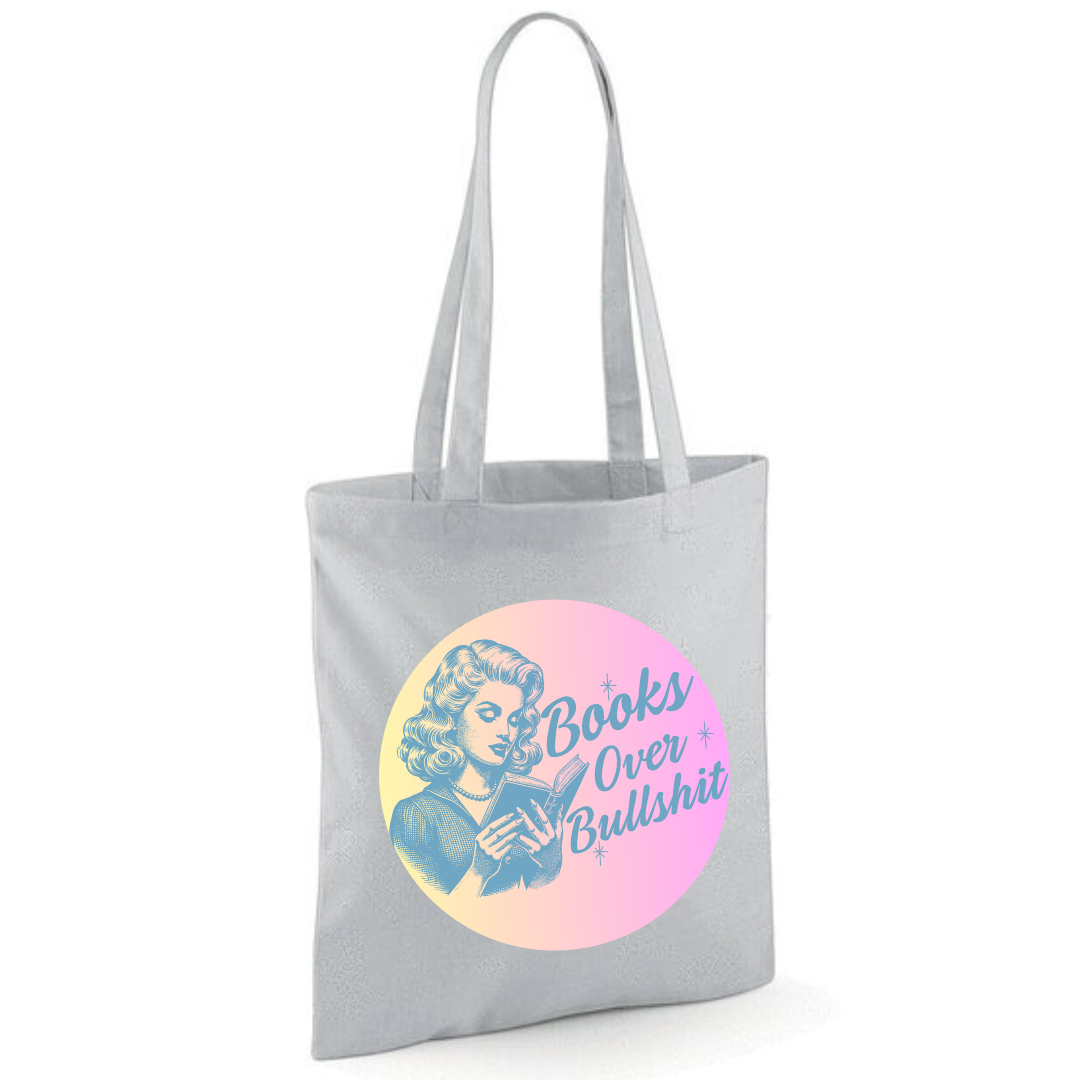 "Books Over Bullshit" Retro Woman Cotton Tote Shopper - Lots of Colours