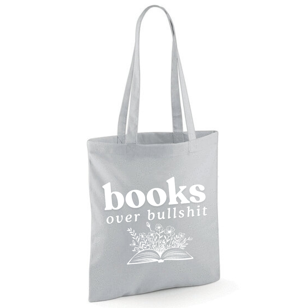 "Books over Bullshit" Floral Book Cotton Tote Shopper - lots of colours