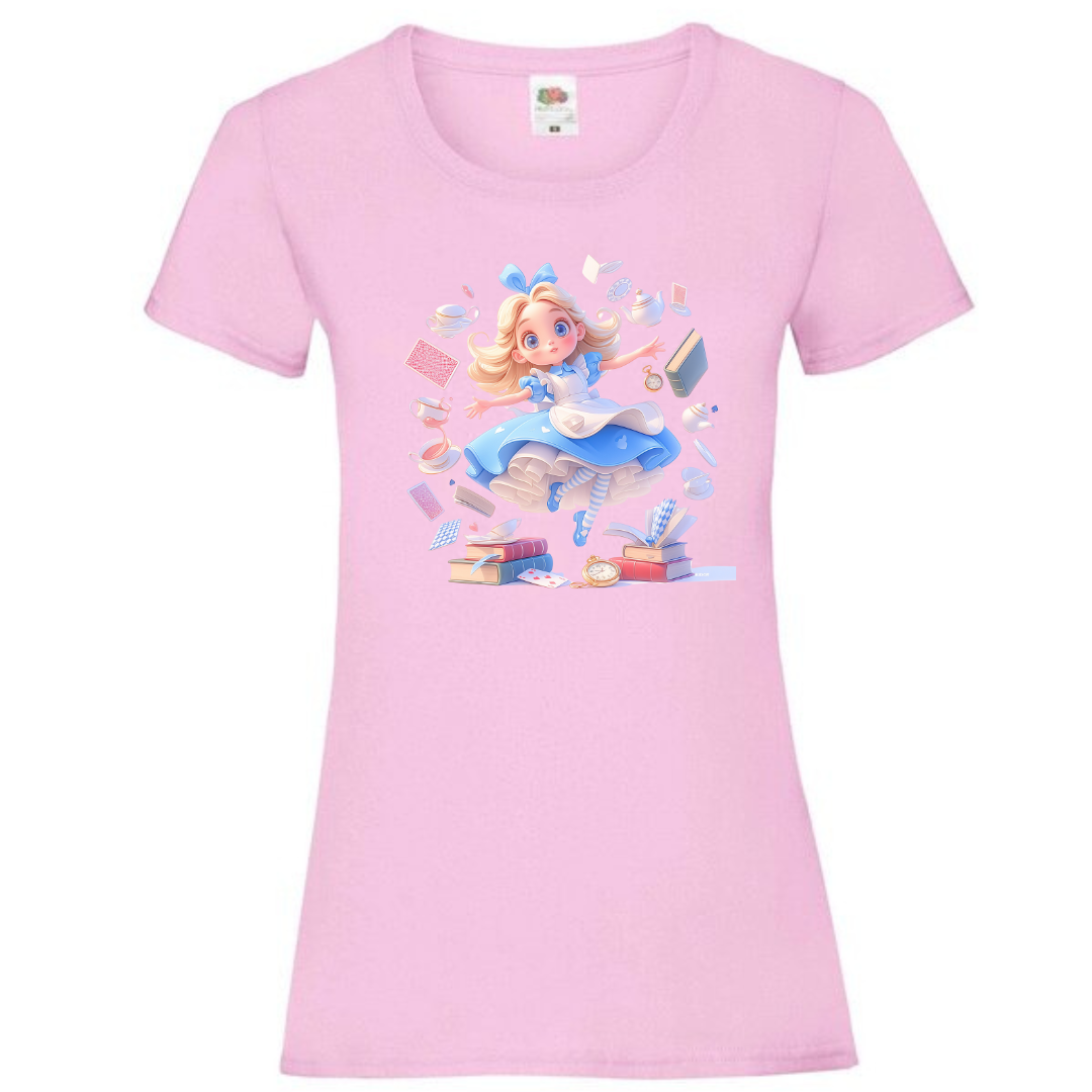 Alice with Flying Books Ladies Fit Tee - lots of colours