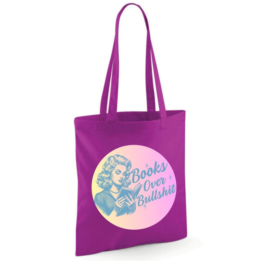 "Books Over Bullshit" Retro Woman Cotton Tote Shopper - Lots of Colours