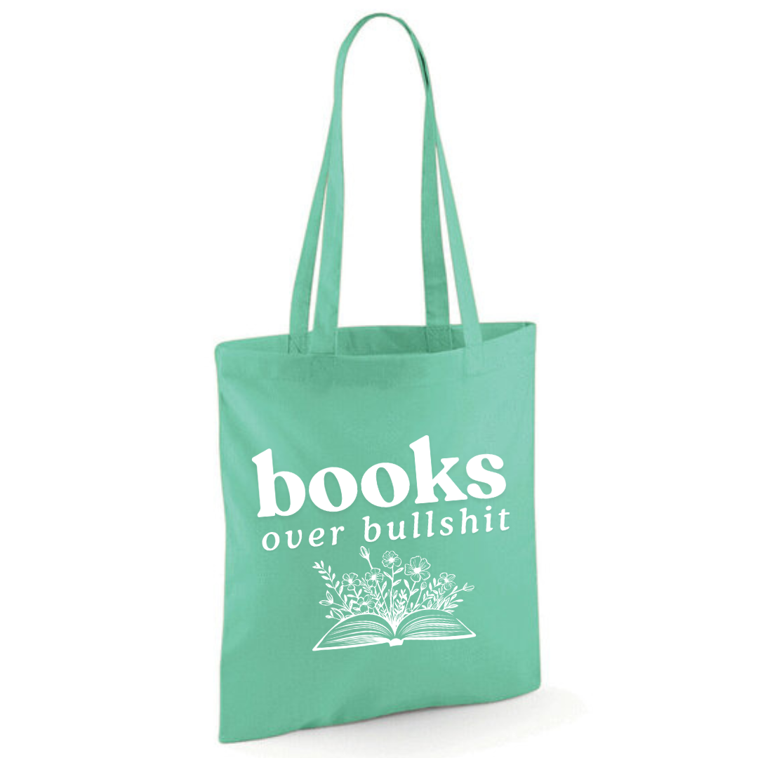 "Books over Bullshit" Floral Book Cotton Tote Shopper - lots of colours