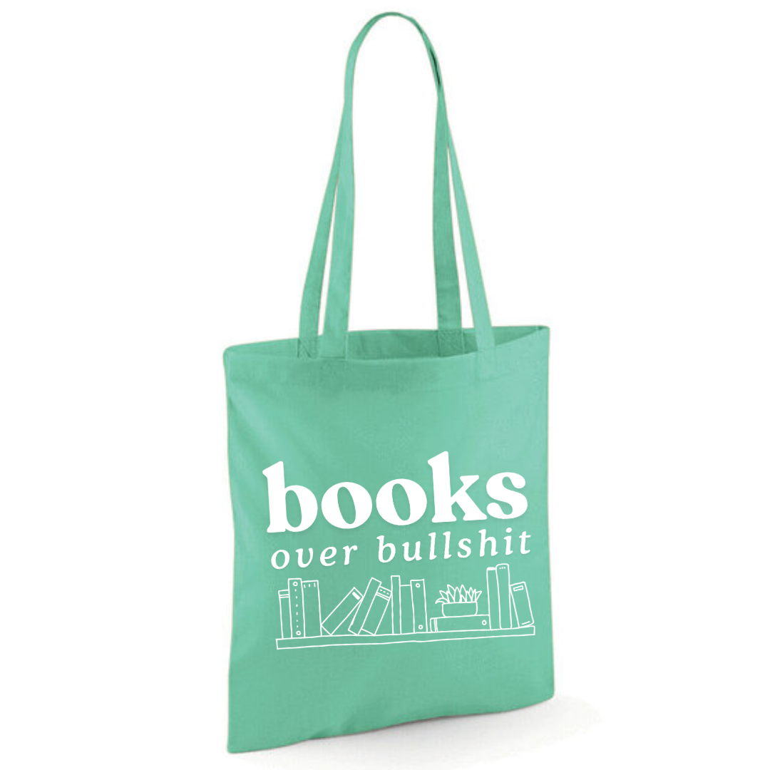 "Books Over Bullshit" Bookshelf Tote Shopper Bag - lots of colours!