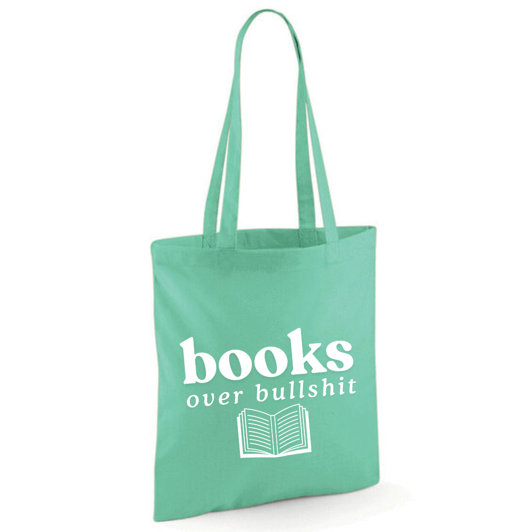 "Books over Bullshit" Open Book Cotton Tote Shopper - lots of colours
