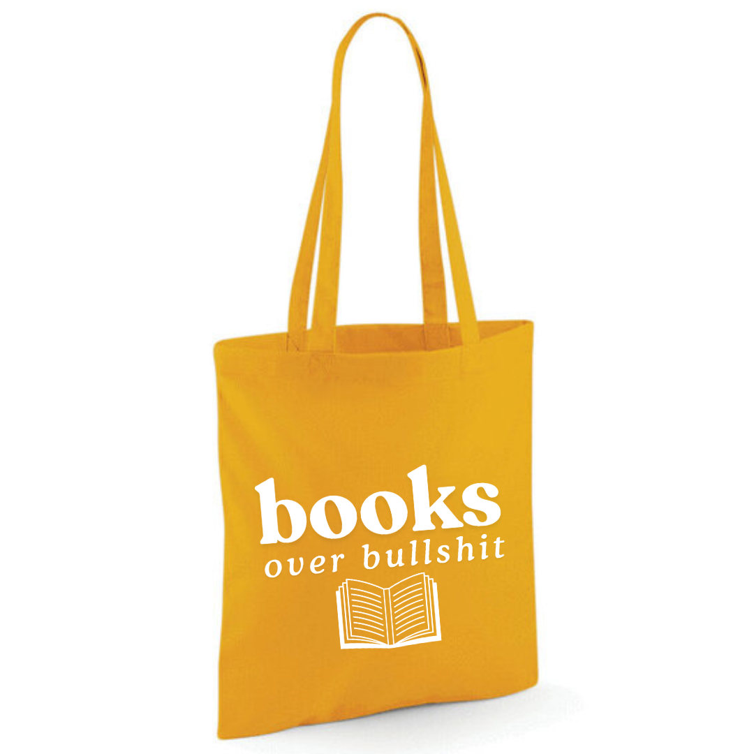"Books over Bullshit" Open Book Cotton Tote Shopper - lots of colours