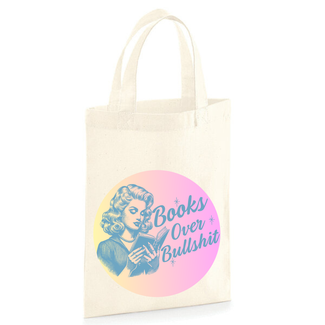"Books Over Bullshit" Retro Woman Book Gift Bag (3 Colours)