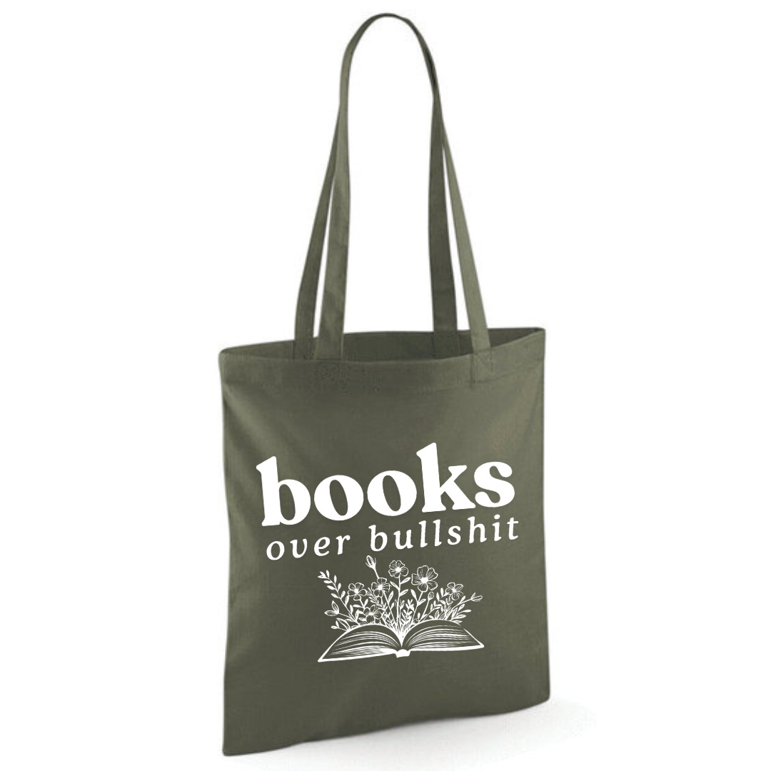 "Books over Bullshit" Floral Book Cotton Tote Shopper - lots of colours