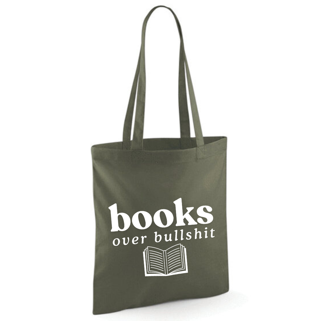 "Books over Bullshit" Open Book Cotton Tote Shopper - lots of colours