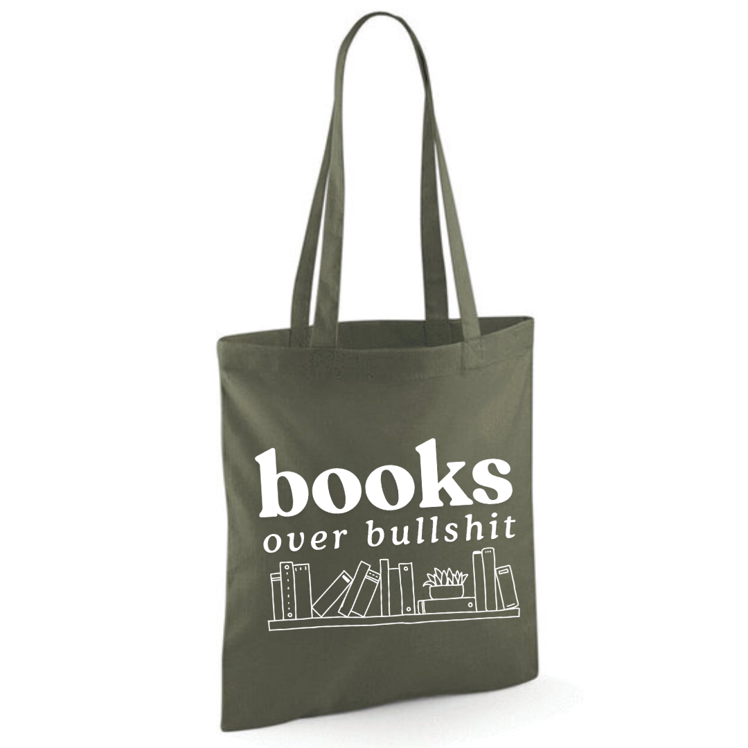 "Books Over Bullshit" Bookshelf Tote Shopper Bag - lots of colours!