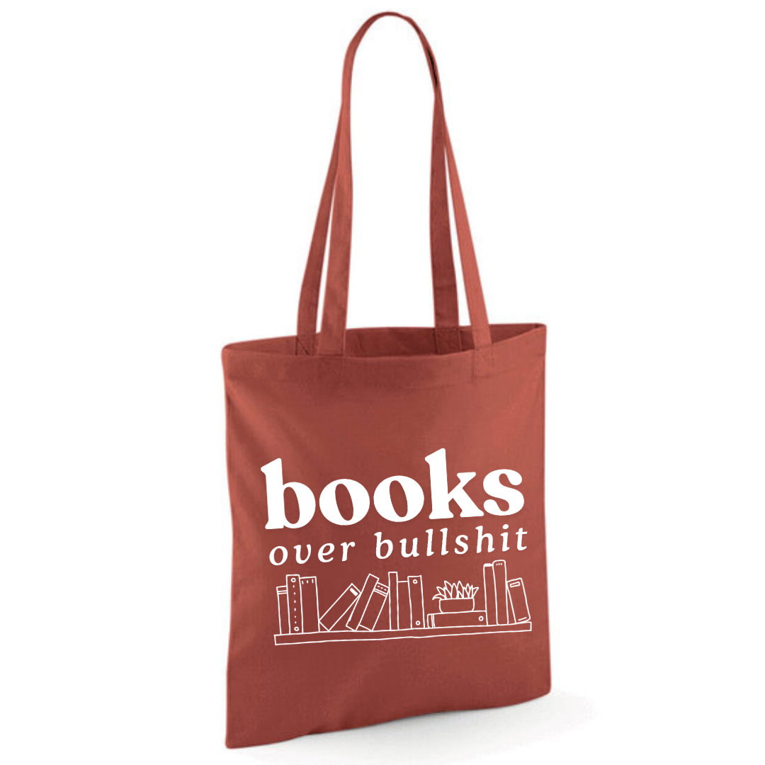 "Books Over Bullshit" Bookshelf Tote Shopper Bag - lots of colours!