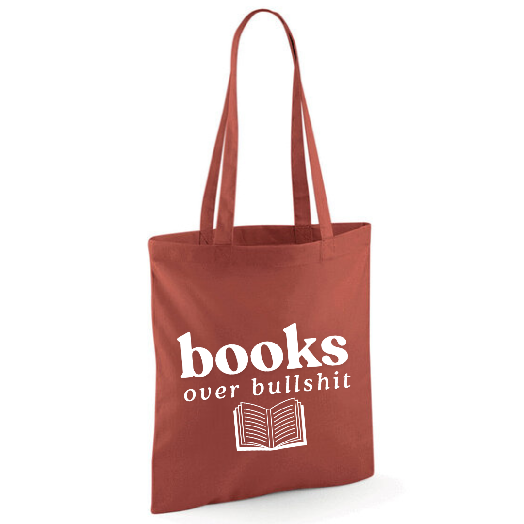 "Books over Bullshit" Open Book Cotton Tote Shopper - lots of colours