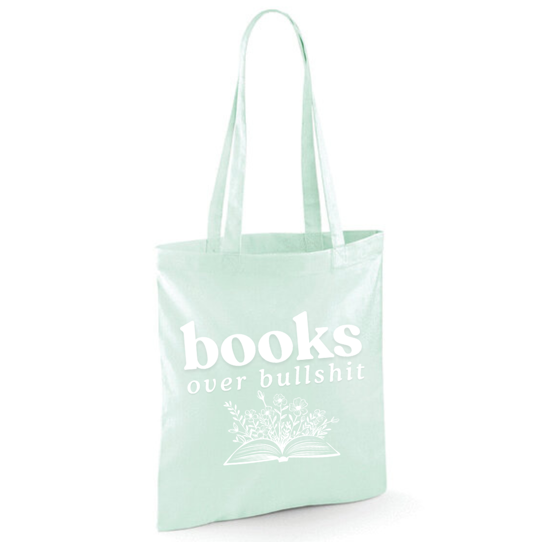 "Books over Bullshit" Floral Book Cotton Tote Shopper - lots of colours