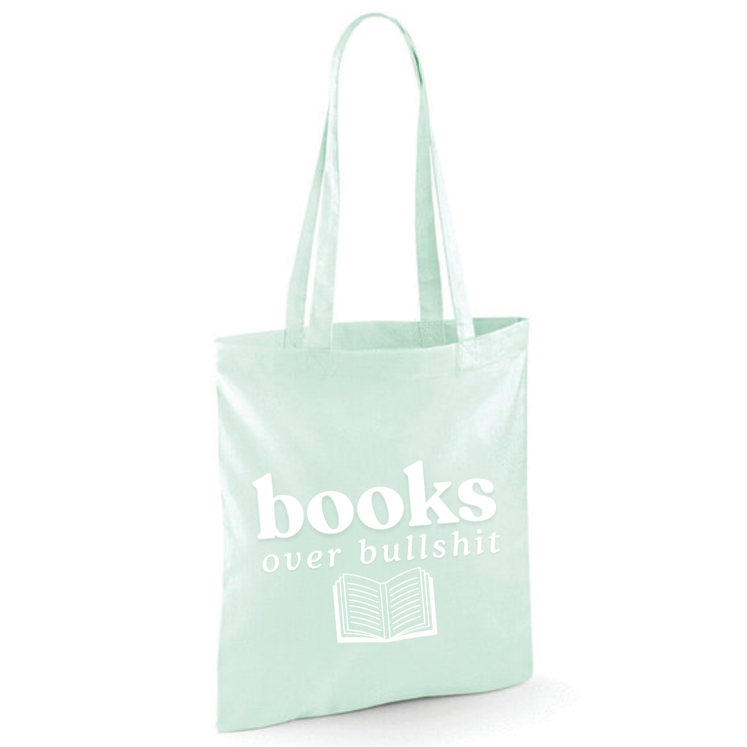 "Books over Bullshit" Open Book Cotton Tote Shopper - lots of colours