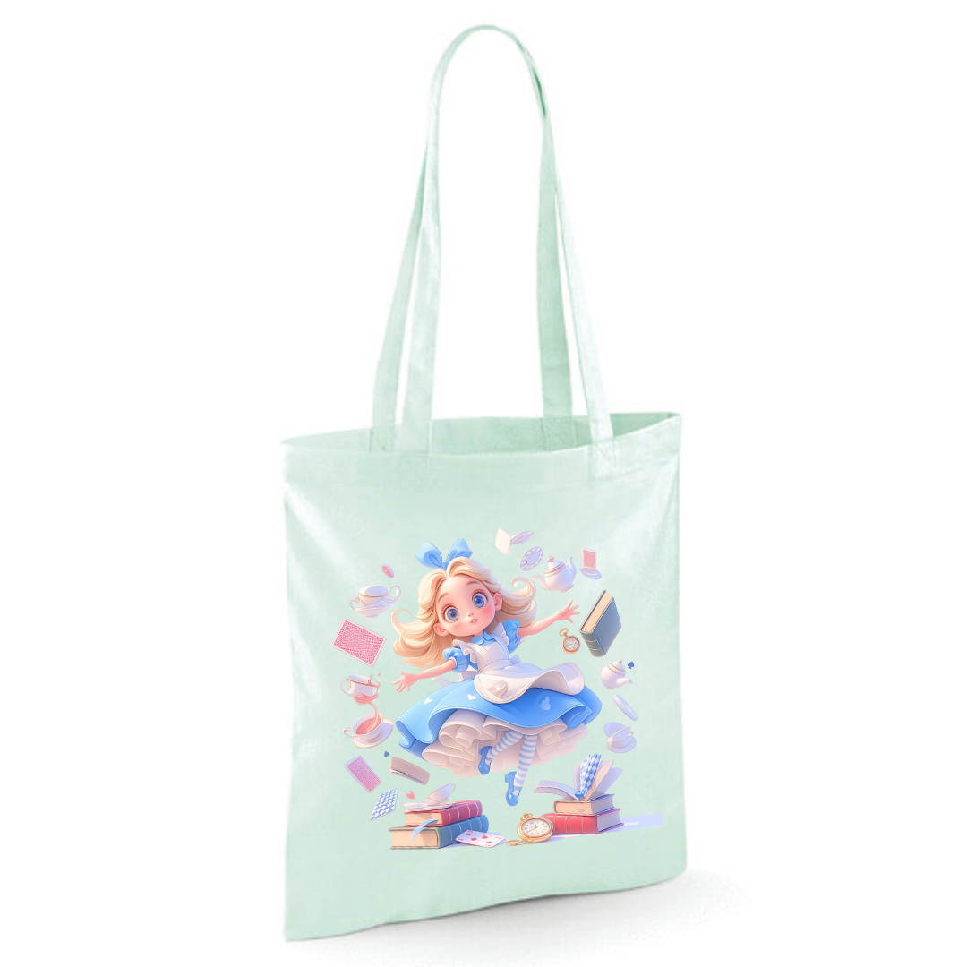 Alice with Flying Books Tote Shopper Bag - lots of colours!