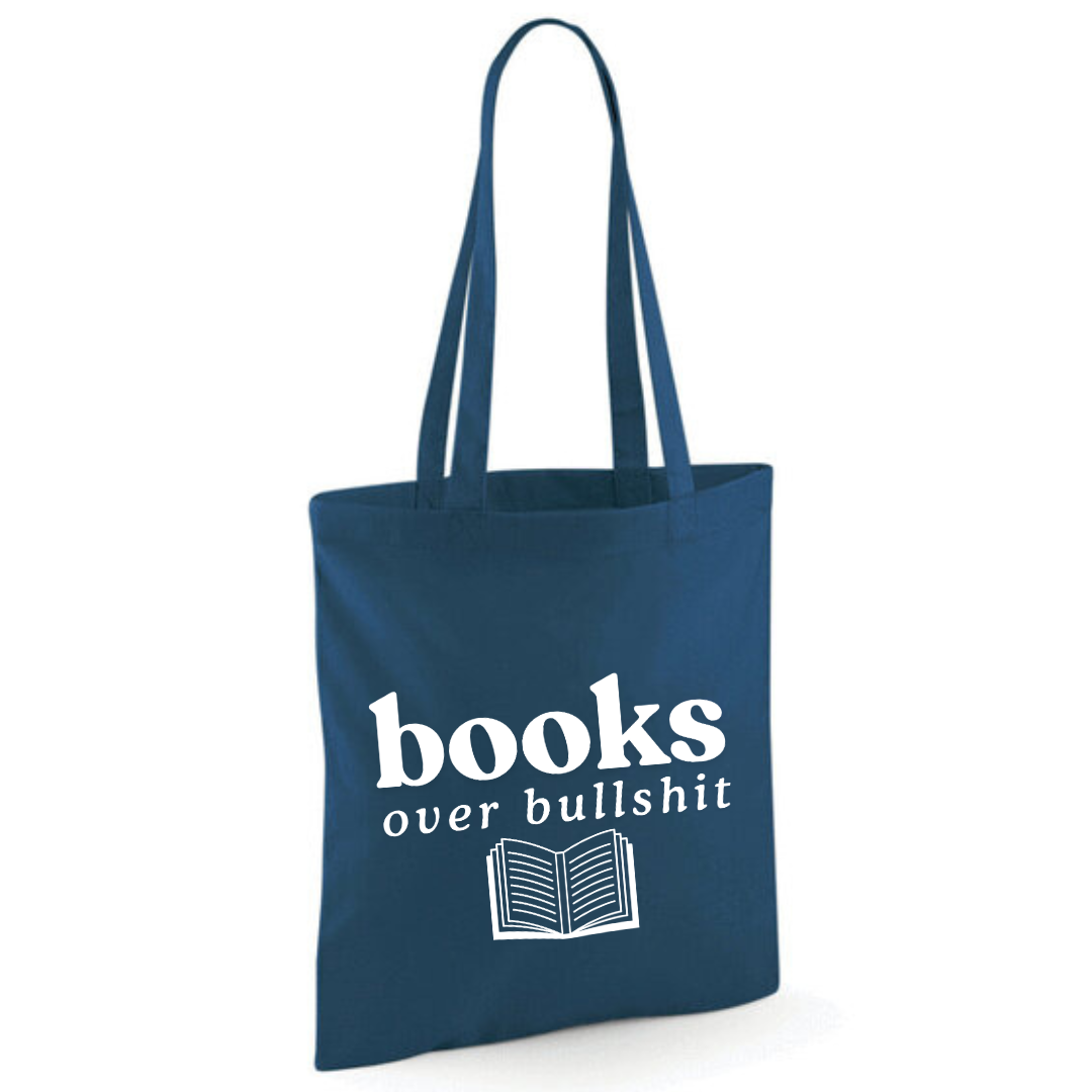"Books over Bullshit" Open Book Cotton Tote Shopper - lots of colours