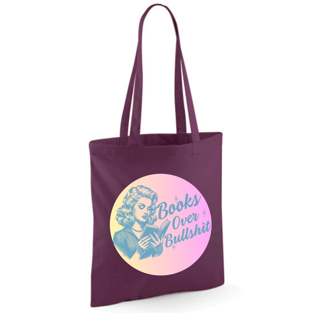 "Books Over Bullshit" Retro Woman Cotton Tote Shopper - Lots of Colours
