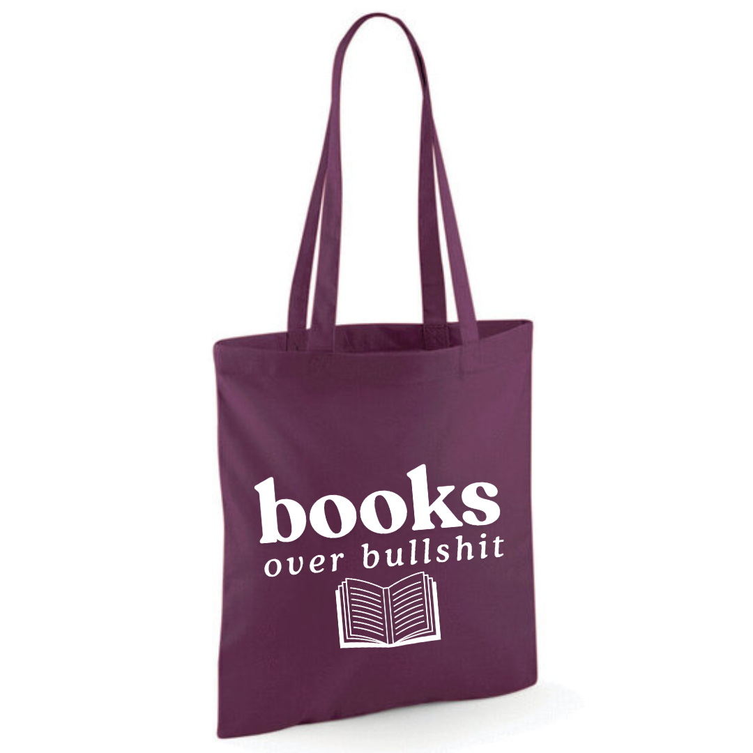 "Books over Bullshit" Open Book Cotton Tote Shopper - lots of colours