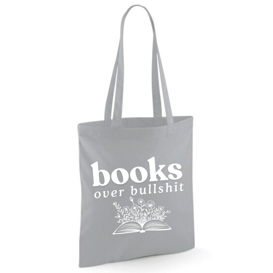 "Books over Bullshit" Floral Book Cotton Tote Shopper - lots of colours