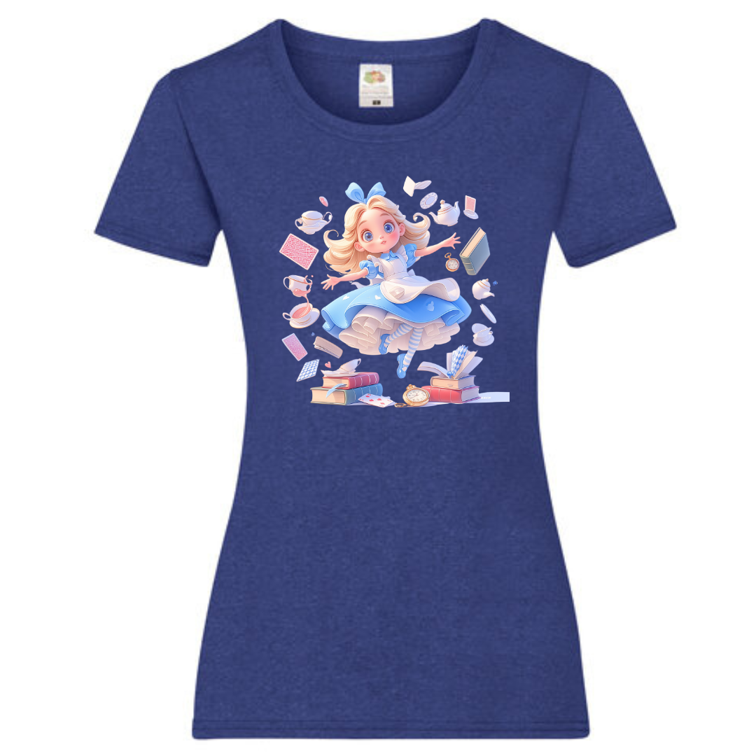 Alice with Flying Books Ladies Fit Tee - lots of colours