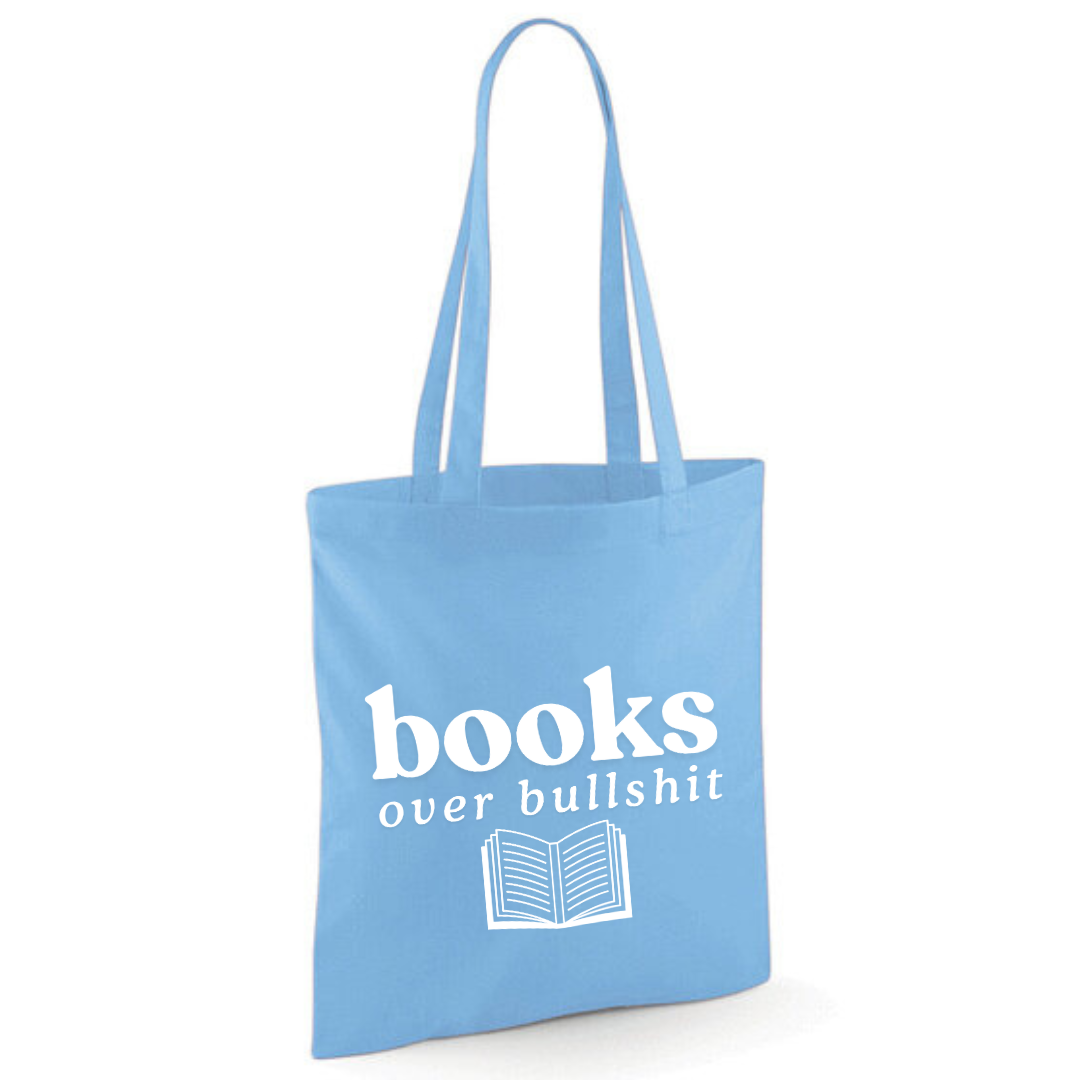 "Books over Bullshit" Open Book Cotton Tote Shopper - lots of colours