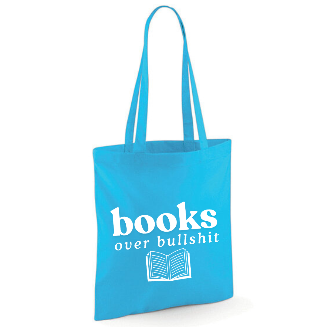 "Books over Bullshit" Open Book Cotton Tote Shopper - lots of colours