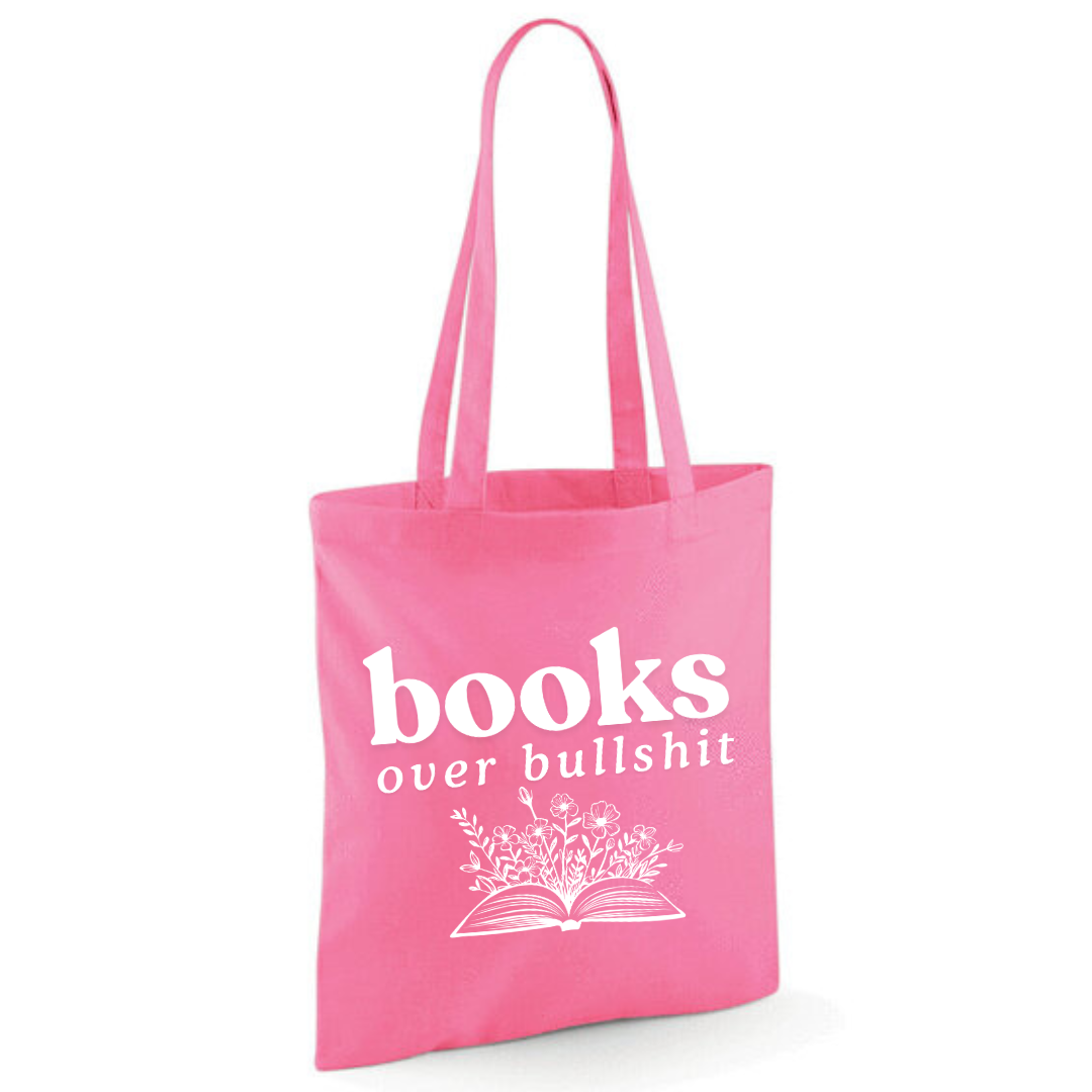 "Books over Bullshit" Floral Book Cotton Tote Shopper - lots of colours