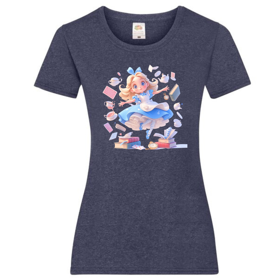Alice with Flying Books Ladies Fit Tee - lots of colours