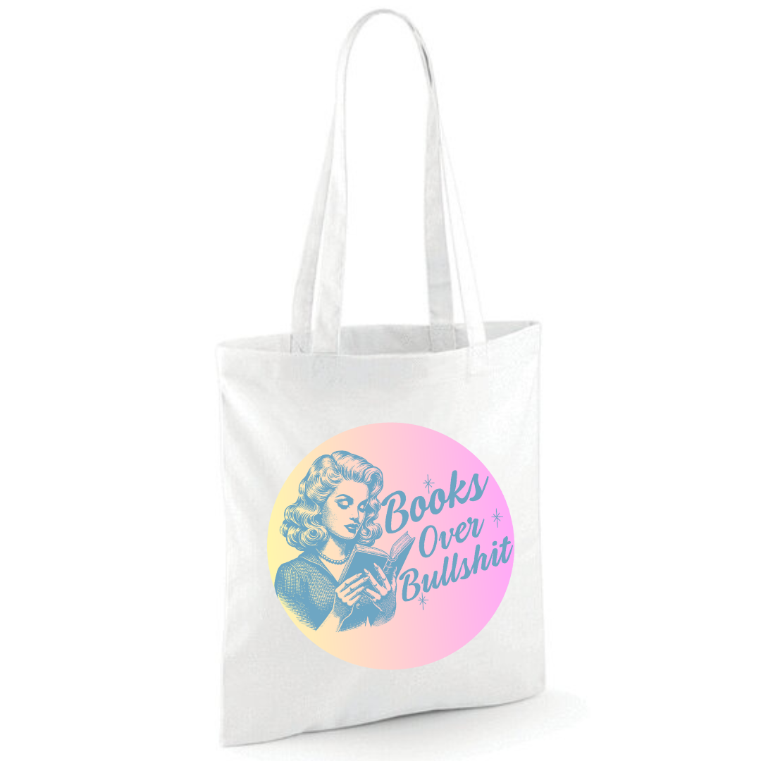 "Books Over Bullshit" Retro Woman Cotton Tote Shopper - Lots of Colours