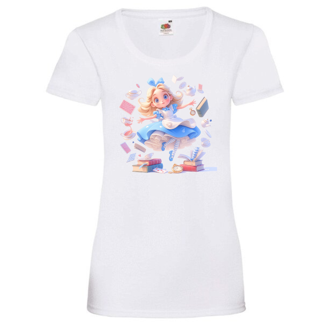 Alice with Flying Books Ladies Fit Tee - lots of colours