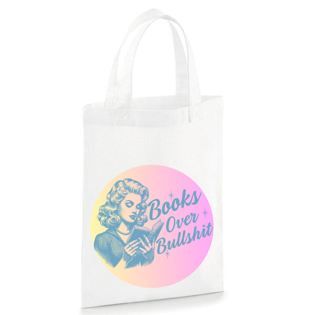 "Books Over Bullshit" Retro Woman Book Gift Bag (3 Colours)