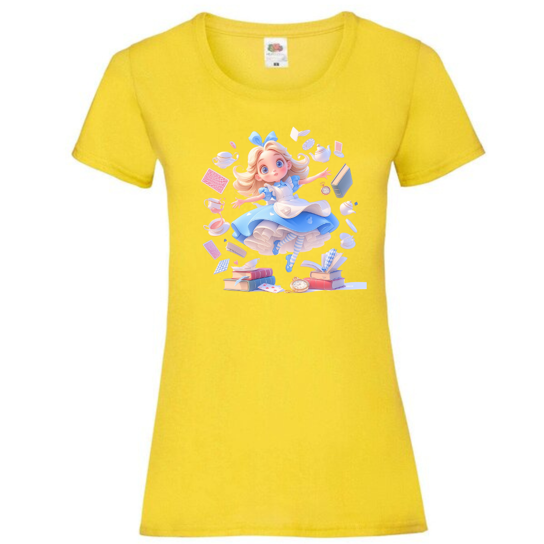 Alice with Flying Books Ladies Fit Tee - lots of colours
